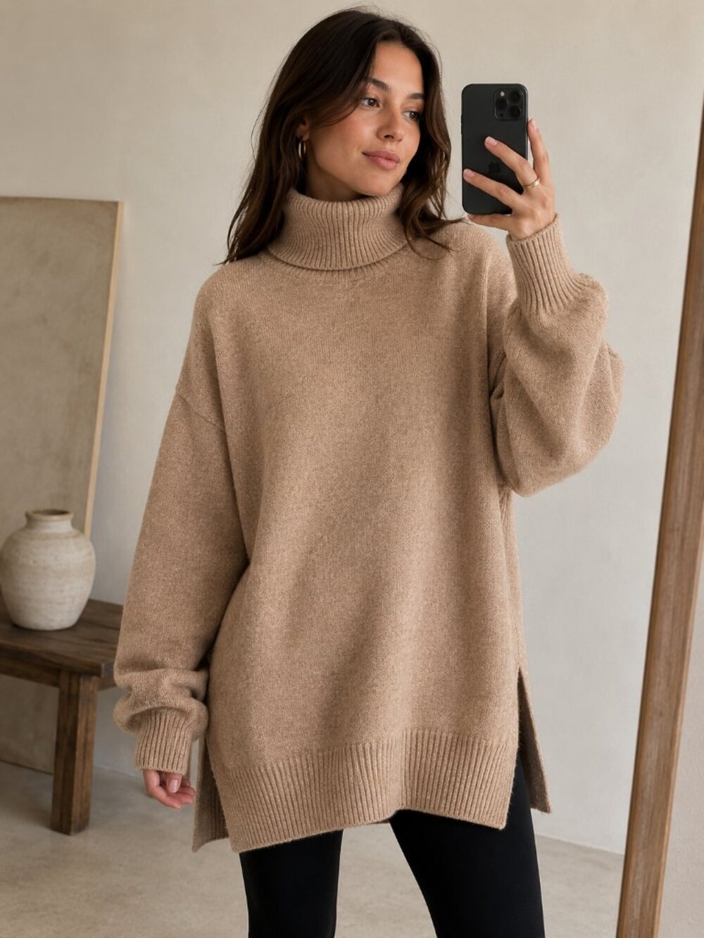 H&M Women's Turtleneck Sweater Size M Beige Knit Relaxed Oversized Wool Blend